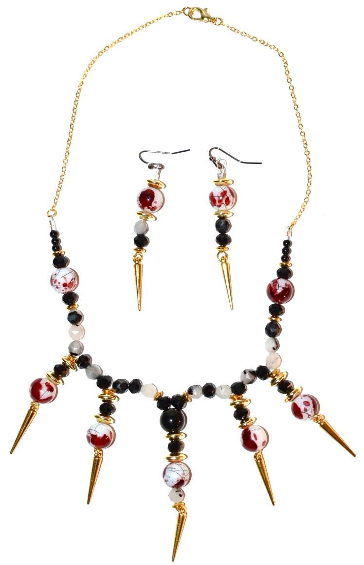 Moonstone, Spike charm, Blood beads, Crystal Necklace Earrings set 02