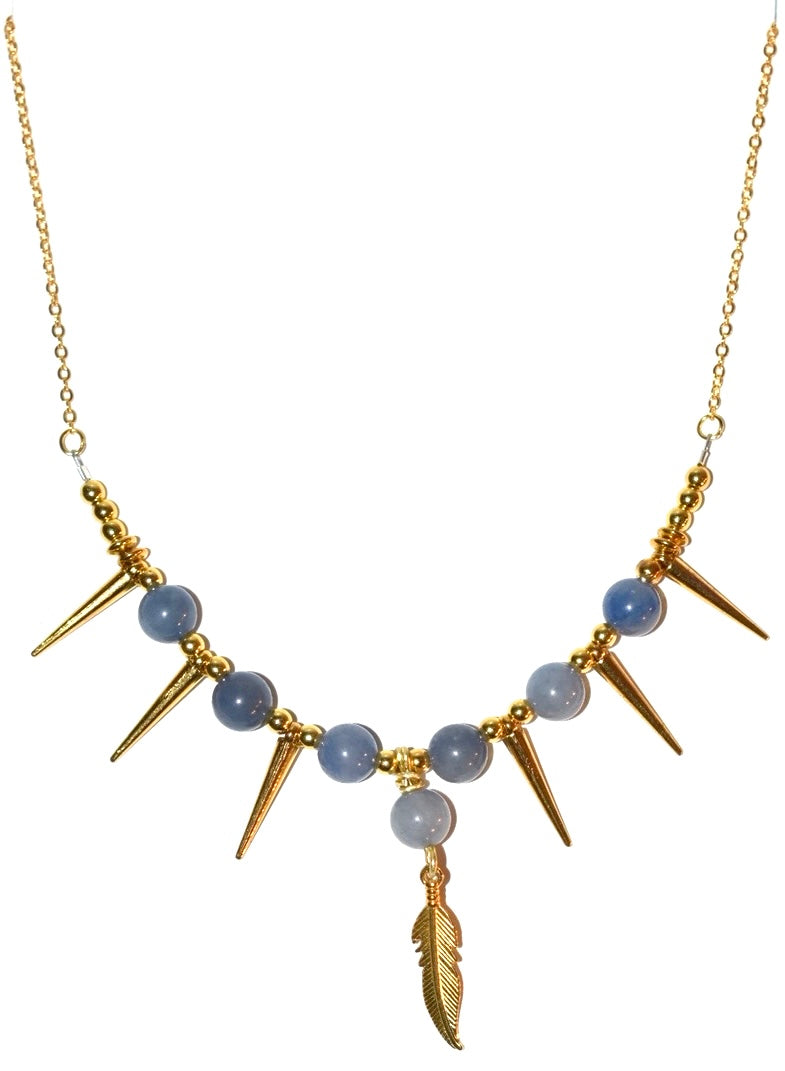 Blue Lace Agate, Gold Spike Charm Crystal Necklace
