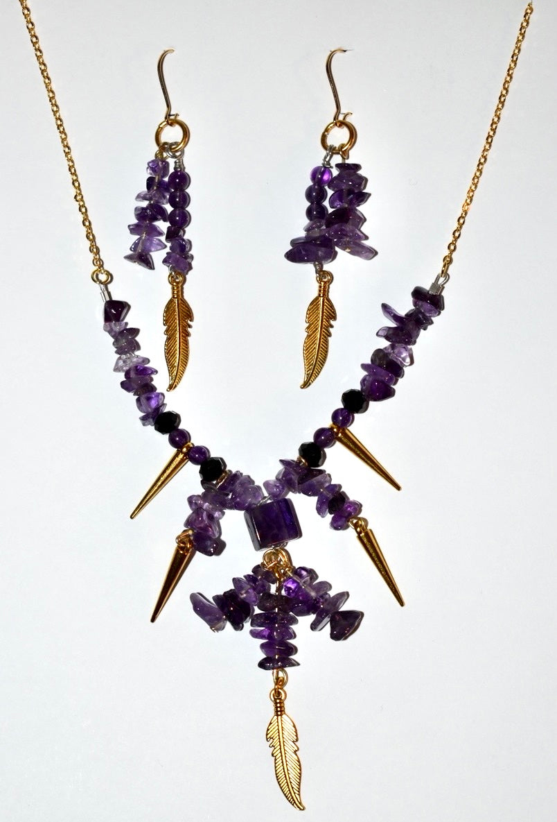 Amethyst, Feather Charm, Crystal Necklace 01
