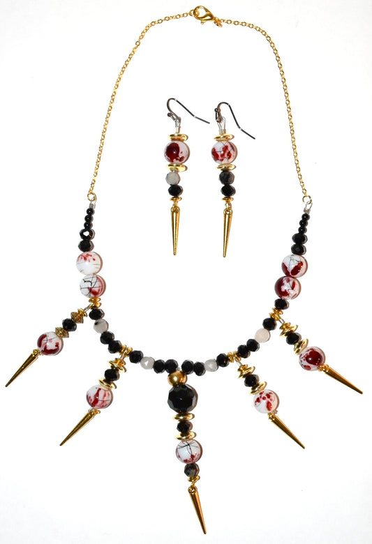 Moonstone, Spike charm, Blood beads, Crystal Necklace Earrings set 01