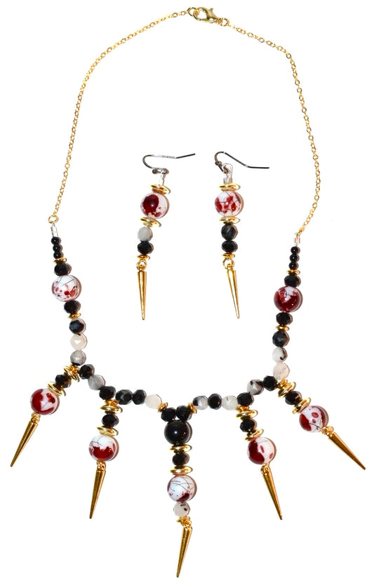 Moonstone, Spike charm, Blood beads, Crystal Necklace Earrings set 02