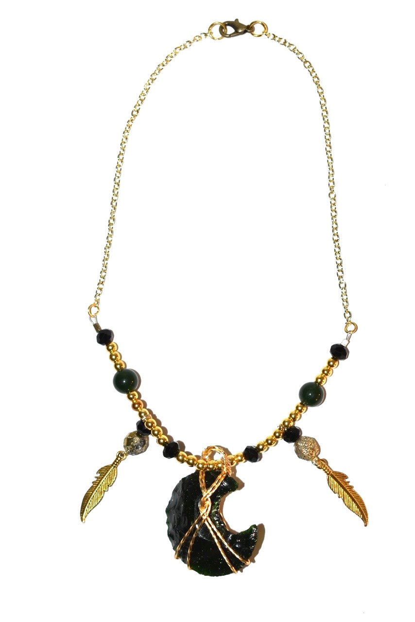 Moon malachite, Dark Jade, Feather Charm Crystal Necklaces