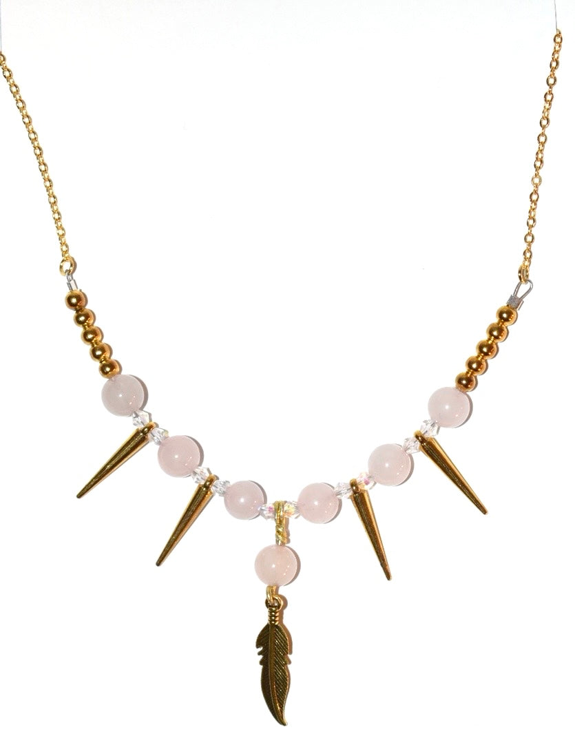 Rosé quartz. Gold Spike Charm Crystal Necklace