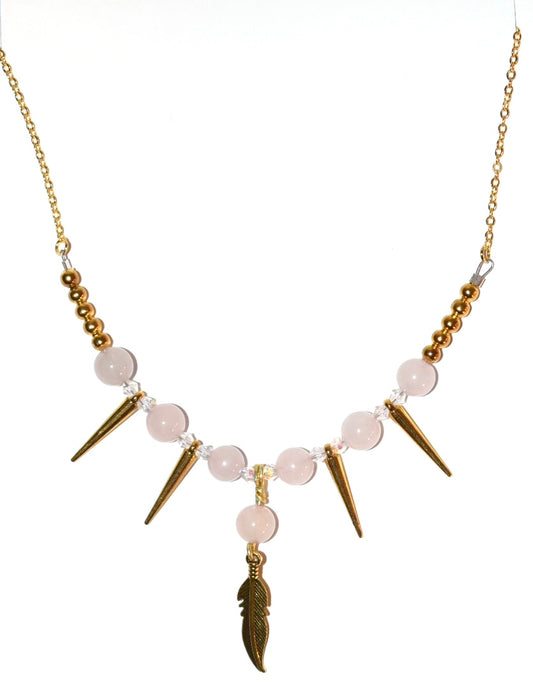 Rosé quartz. Gold Spike Charm Crystal Necklace