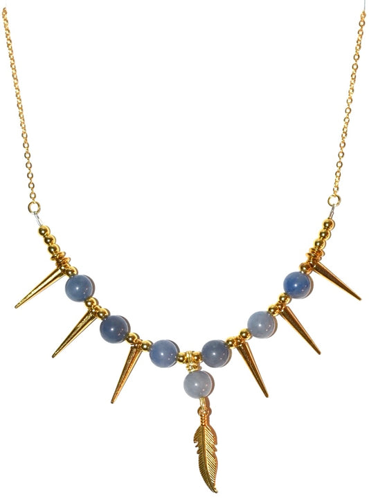 Blue Lace Agate, Gold Spike Charm Crystal Necklace