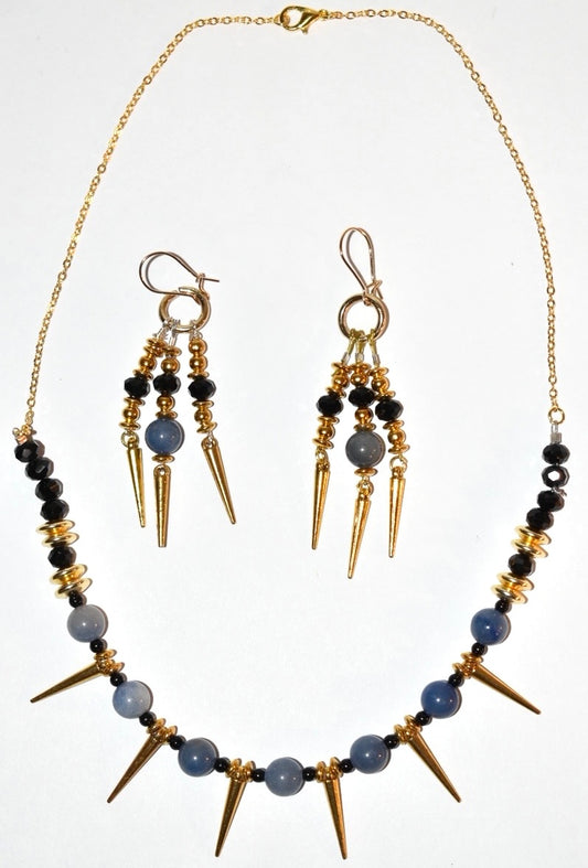 Blue Lace Agate, Gold Spike Charm Crystal Necklace & Earring set