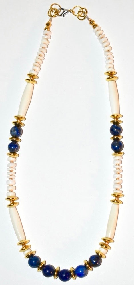 Lapis lazuli , Bone, Hematite Crystal Necklace